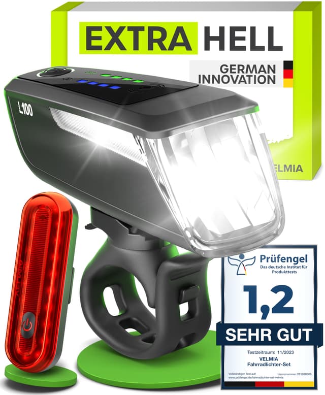 VELMIA Fahrradlichter Set StVZO zugelassen mit USB Akku-Betrieb und 8,5h Leuchtdauer I LED Fahrradlicht Set regenfest und aufladbar I Fahrrad Licht, Fahrrad Zubehör, Fahrradlicht vorne + rücklicht