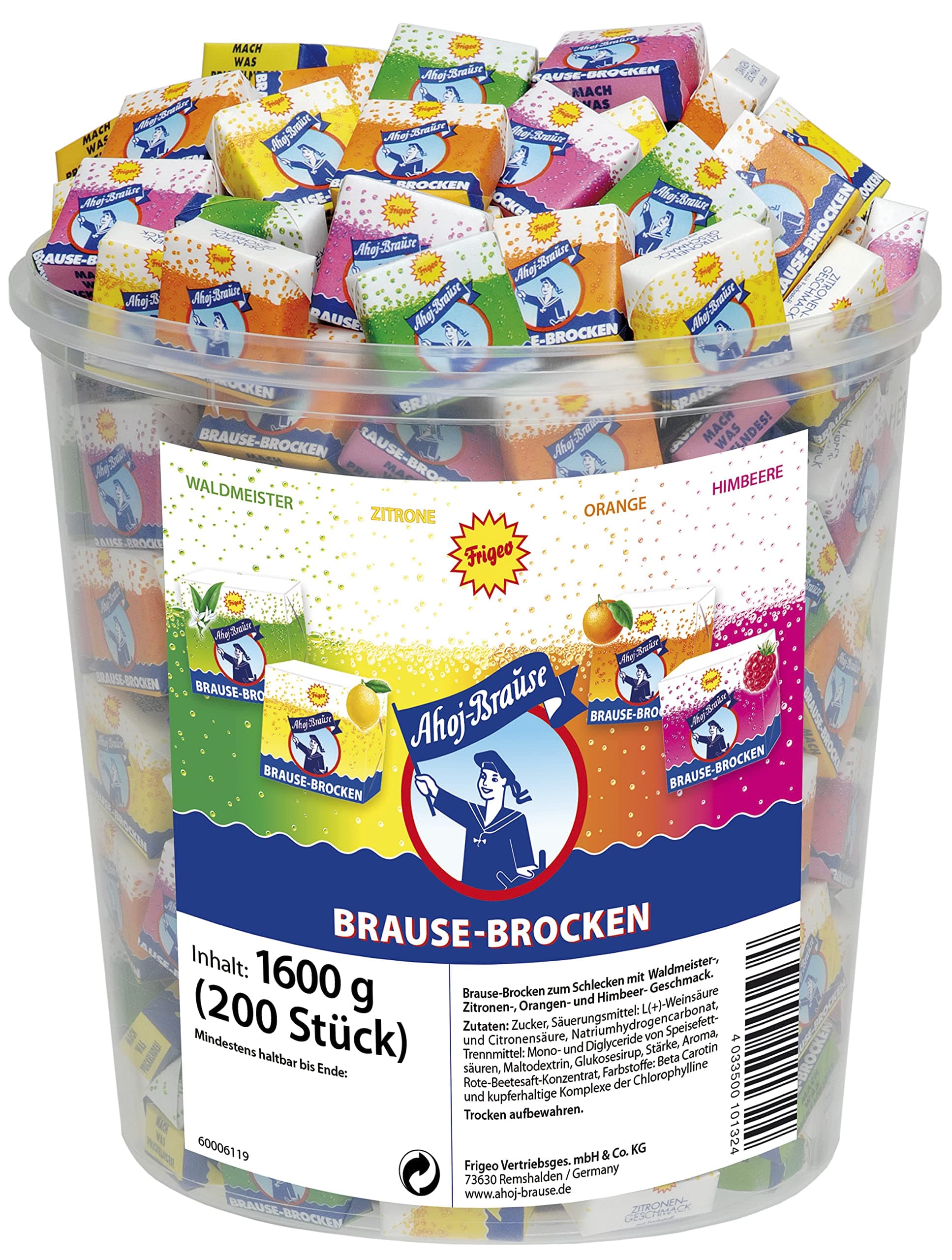 Frigeo Ahoj-Brause Ahoj-Brause Brause-Brocken–extra große Brause-Stücke in vier prickelnden, süß-sauren Geschmacksrichtungen, Brause-Würfel einzeln verpackt, im Vorrats-Pack, 200 Stück im 1,6 kg Eimer Orange 21.2 x 17.2 x 23.4 cm