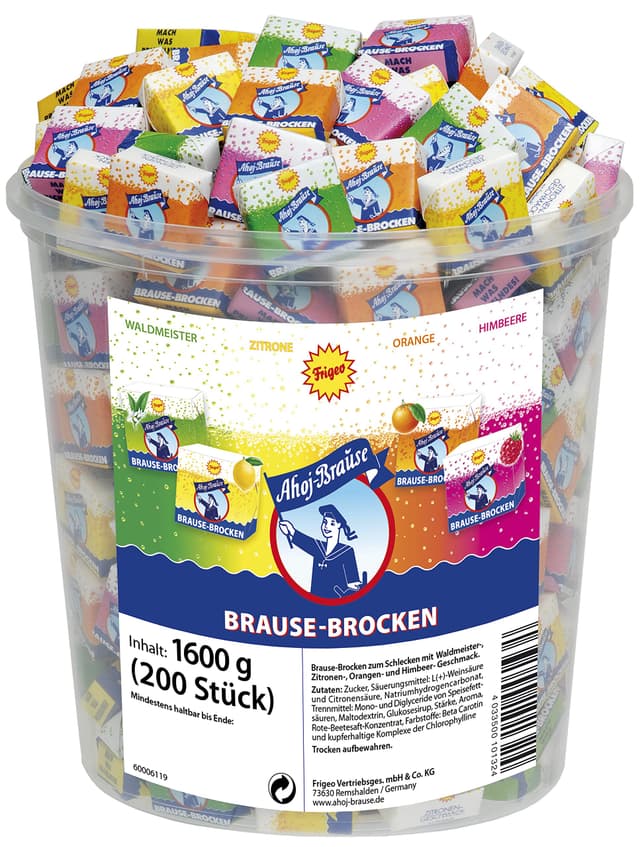 Frigeo Ahoj-Brause Ahoj-Brause Brause-Brocken–extra große Brause-Stücke in vier prickelnden, süß-sauren Geschmacksrichtungen, Brause-Würfel einzeln verpackt, im Vorrats-Pack, 200 Stück im 1,6 kg Eimer Orange 21.2 x 17.2 x 23.4 cm