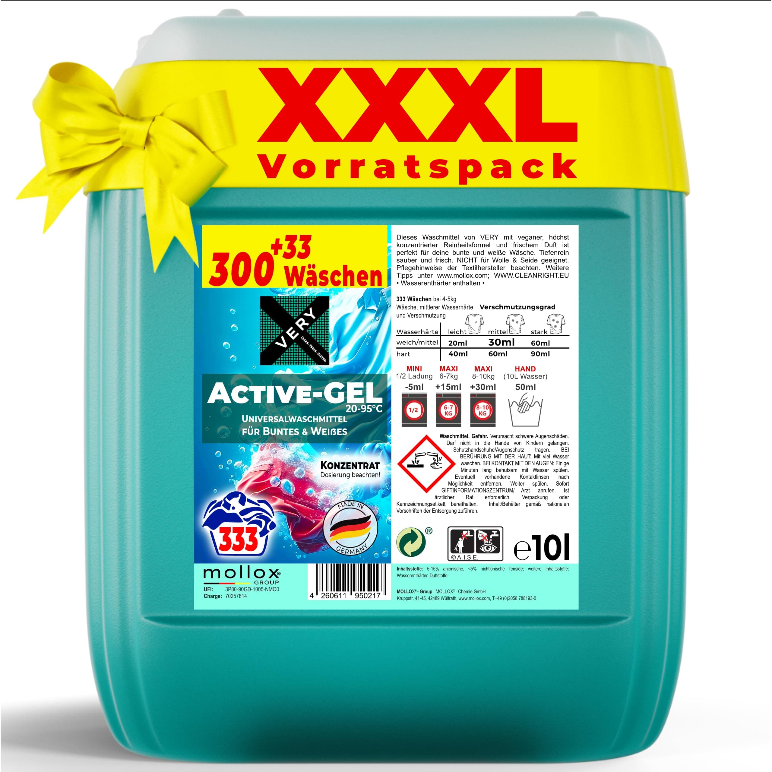 VERY® Universal Waschmittel Flüssig Gel [10L KANISTER] - Flüssigwaschmittel für Helle, & Dunkle Wäsche - Buntwaschmittel XXL mit Frischeduft - Vollwaschmittel - Universalwaschmittel (20-95°C)