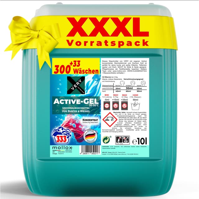VERY® Universal Waschmittel Flüssig Gel [10L KANISTER] - Flüssigwaschmittel für Helle, & Dunkle Wäsche - Buntwaschmittel XXL mit Frischeduft - Vollwaschmittel - Universalwaschmittel (20-95°C)