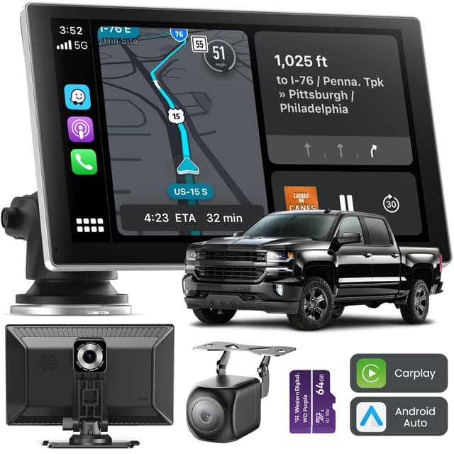 Jzones 9-Zoll CarPlay, Kabelloses CarPlay & Android Auto, GPS-Navigation, Bluetooth, 4K Frontkamera, 1080P Rückfahrkamera, Sprachsteuerung, Mirror Link, Einfach zu installierendes CarPlay Display silbrig