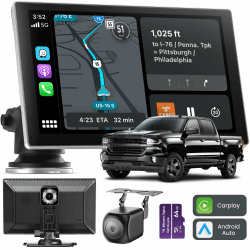 Jzones 9-Zoll CarPlay, Kabelloses CarPlay & Android Auto, GPS-Navigation, Bluetooth, 4K Frontkamera, 1080P Rückfahrkamera, Sprachsteuerung, Mirror Link, Einfach zu installierendes CarPlay Display silbrig