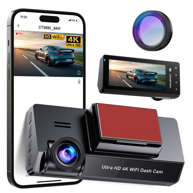 Dashcam Auto Vorne 4K,Dash Cam mit CPL Filter,AutoKamera mit 64G SD Karte,5GHz WiFi Dashcam,3.69" IPS-Bildschirm,Nachtsicht,170°Weitwinkel,G-Sensor,Loop-Aufnahme,Parküberwachung 4K Front Dashcam with CPL