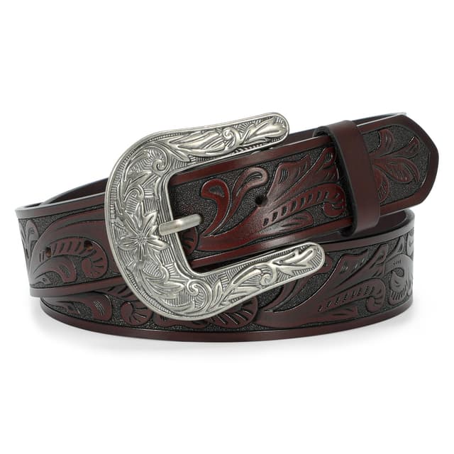 SUOSDEY Westerngürtel für Damen Herren, Cowboy Cowgirl Ledergürtel für Jeans, Vintage Gravurgürtel mit Schnalle