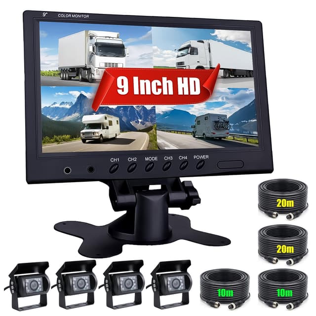 CAMECHO Rückfahrkamera 4 Kameras Set, 9 Zoll Monitor 4 Geteilte Rück und Vorder Kamera, Weitwinkel, IP68 wasserdicht, 18IR Nachtsicht, für LKW/Anhänger/Bus/Van/Landwirtschaft(DC12V-35V) 9 Zoll + 4 Kameras