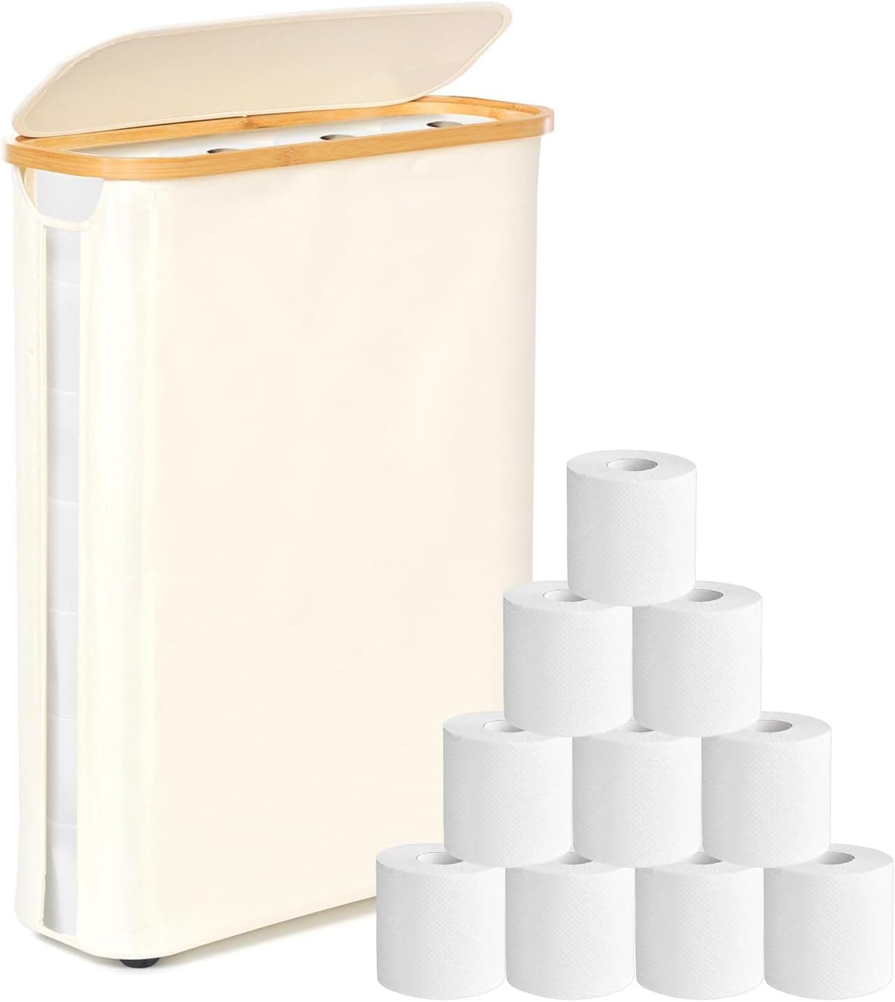 GARPROVM Extra Groß Toilettenpapier Aufbewahrung, Klopapier Behälter für 18-24 Rollen, Schmal Freistehend Toilettenrollen Aufbewahrungskorb mit Deckel Sichtfenster Badezimmer Organizer (Beige, 52L) Beige 52L