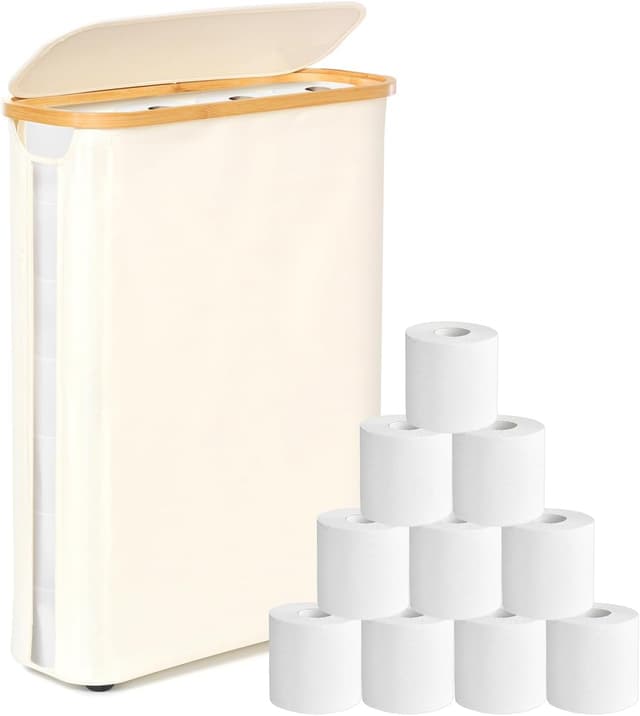 GARPROVM Extra Groß Toilettenpapier Aufbewahrung, Klopapier Behälter für 18-24 Rollen, Schmal Freistehend Toilettenrollen Aufbewahrungskorb mit Deckel Sichtfenster Badezimmer Organizer (Beige, 52L) Beige 52L