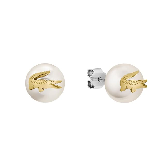 Lacoste MATCHPOINT Kollektion Für Männer und Frauen Armband oder Halskette aus Imitationsperlen mit Verschiedenen Charms in Gold, oder Ohrringe mit Goldenem Krokodil