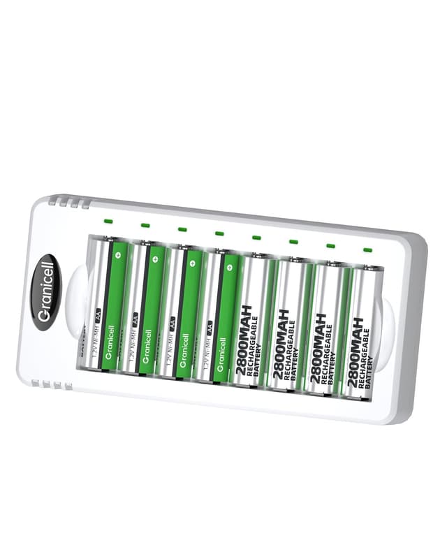 Granicell 8X AA Akku Set + 8-Fach Ladegerät - 2800mAh NiMH mit USB-Schnellladung - Ideal für Kameras, Fernbedienungen, Spielzeug & Elektronik Ladegerät+ 8 AA