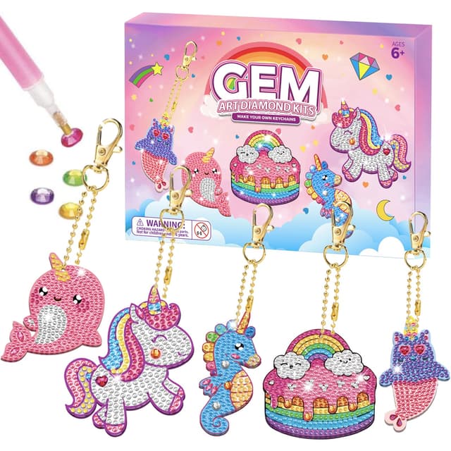 Basteln Mädchen 8 Jahre, Geschenke für Kinder Basteln Sie Ihre eigenen GEM-Schlüsselanhänger - 5D Diamond Painting Kinder, Malen nach Zahlen Kunstsets für Mädchen Kleinkinder Alter von 6-12 Jahren Einhorn-Sets