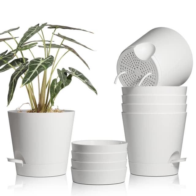 T4U Kunststoff Blumentopf mit Bewässerungssystem, 6er-Set Selbstbewässerung Übertopf mit Untersetzer, Rund Pflanzkübel für Innen und Balkon Garten Pflanzen Sukkulenten Kaktus (20cm, Weiß) 20cm Weiß