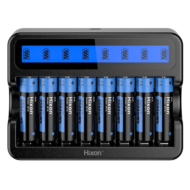 Hixon AA Akku Wiederaufladbar, 8 Stücke Lithium Akku AA 1,5V 3500mWh mit 8-Slot Smart LCD-Display-Ladegerät, Langlebige Wiederaufladbare AA Lithium Batterien