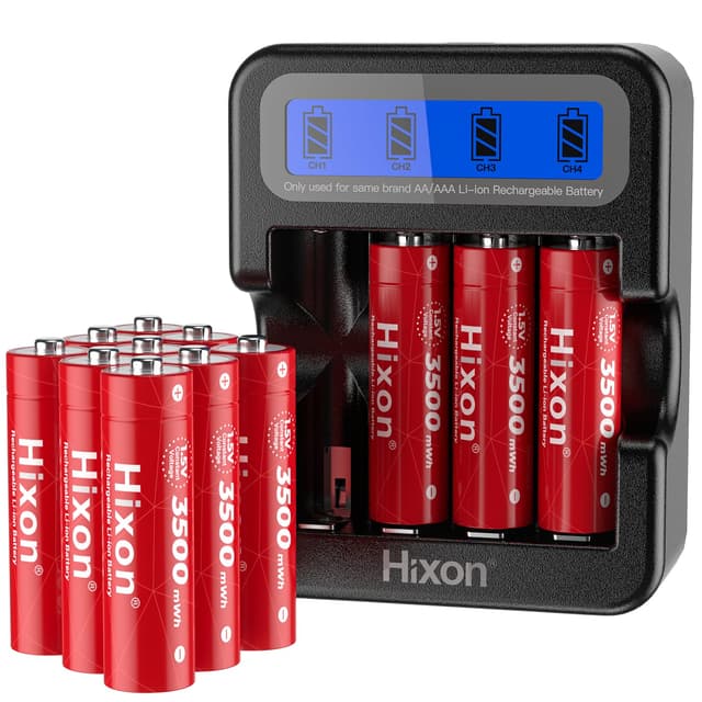 Hixon 1,5V AA Akku, Wiederaufladbare AA Lithium Akku, Neue Niederspannungs-Erinnerungsfunktion, 3500mWh 1,5V Konstanter Ausgang, 12 Stücke Wiederaufladbare Lithium AA Akku mit LCD-Display-Ladegerät 12 Stücke AA mit Ladegerät