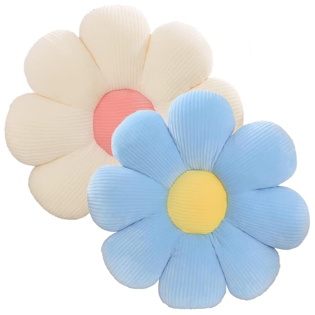 ACUSHLA 2 Stück Blumenbodenkissen Sitzkissen,40cm Blumenboden Kissen Tatami Blumenförmiges,Weiches Blütenblattkissen Niedliches Blumen-Plüsch-Kissen für Car Home Sofa Chair (blau+weiß)
