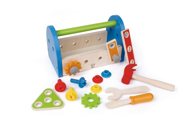 Hape Werkzeugkasten aus Holz mit Zubehör | farbenfrohe Werkbank Hammerspielset für Kinder, Problemlösung, Rollenspiel, 17-teilig