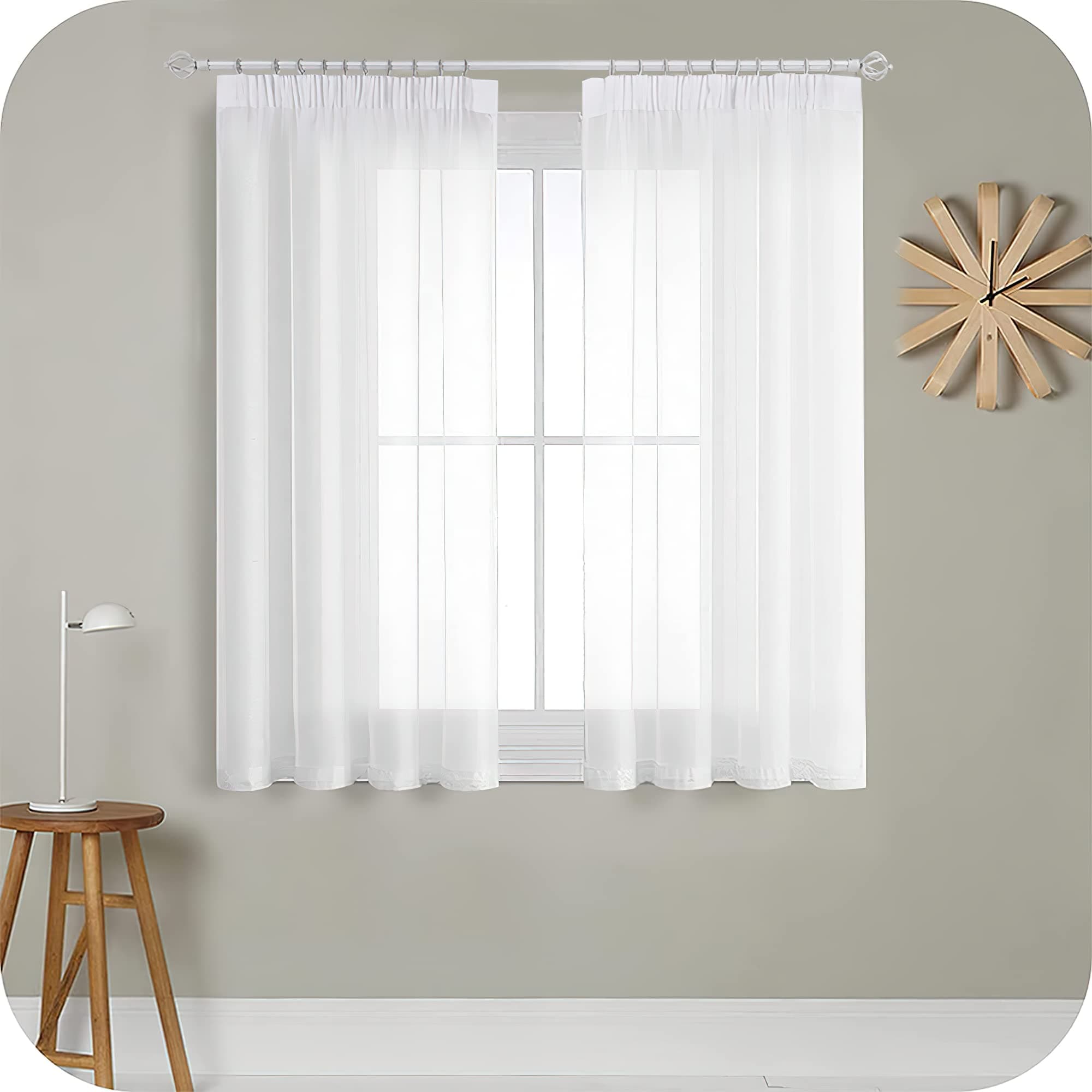 MRTREES Gardinen mit Kräuselband Stores Gardinen Weiß kurz transparent 150X140cm (HXB) Schlaufenschals 2er Set Vorhänge in Leinenoptik für Wohnzimmer Schlafzimmer Mädchen Jugend Curtains H150 x B140 cm (2er Pack) Weiß