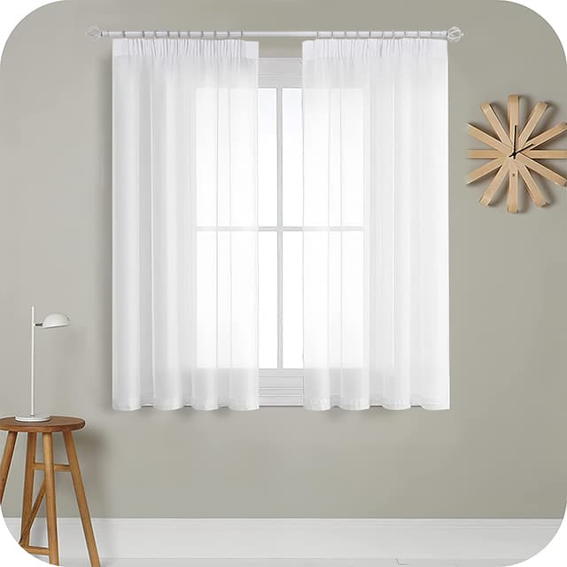 MRTREES Gardinen mit Kräuselband Stores Gardinen Weiß kurz transparent 150X140cm (HXB) Schlaufenschals 2er Set Vorhänge in Leinenoptik für Wohnzimmer Schlafzimmer Mädchen Jugend Curtains H150 x B140 cm (2er Pack) Weiß