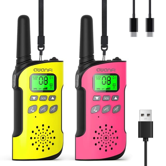 AWANFI Walkie Talkie Kinder, Walkie Talkie Aufladbar mit Akku, Funkgeräte Set, Walki Talki mit VOX, Taschenlampe, Tastensperre, Walky Talky für Camping Abenteuer, Geschenk für Kinder de 3-12 Jahre Rosa + Gelb