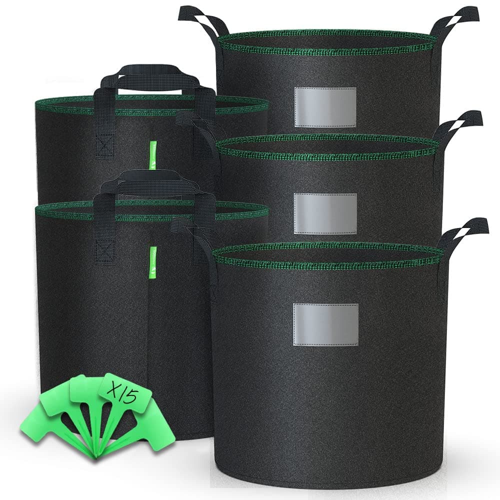 VOUNOT 5 Stück Pflanzsack 20L aus Vliesstoff, Pflanztasche mit Pflanzenschilder zum Beschriften, Pflanzbeutel für Gemüse und Pflanzen Schwarz 5×20L