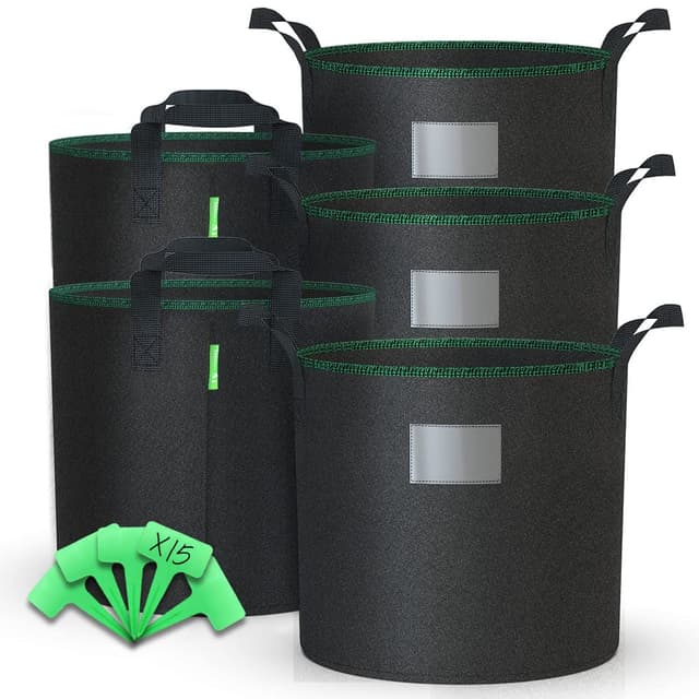 VOUNOT 5 Stück Pflanzsack 20L aus Vliesstoff, Pflanztasche mit Pflanzenschilder zum Beschriften, Pflanzbeutel für Gemüse und Pflanzen Schwarz 5×20L