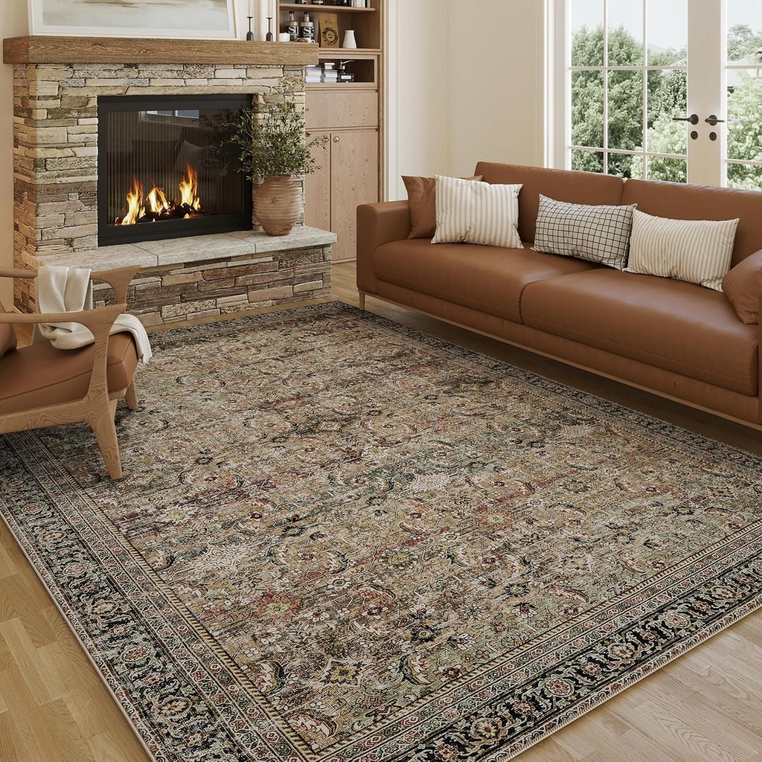 Vintage Braun Waschbarer Teppich Wohnzimmer 240x300cm Retro Rugs for Living Room Weich rutschfest Groß Tepich Kurzflor Schlafzimmer Carpet Living Room Bedroom Esszimmer Teppiche Büro Retro Braun/Bunt 240 x 300 cm (Rechteckig)