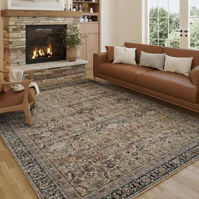 Vintage Braun Waschbarer Teppich Wohnzimmer 240x300cm Retro Rugs for Living Room Weich rutschfest Groß Tepich Kurzflor Schlafzimmer Carpet Living Room Bedroom Esszimmer Teppiche Büro Retro Braun/Bunt 240 x 300 cm (Rechteckig)