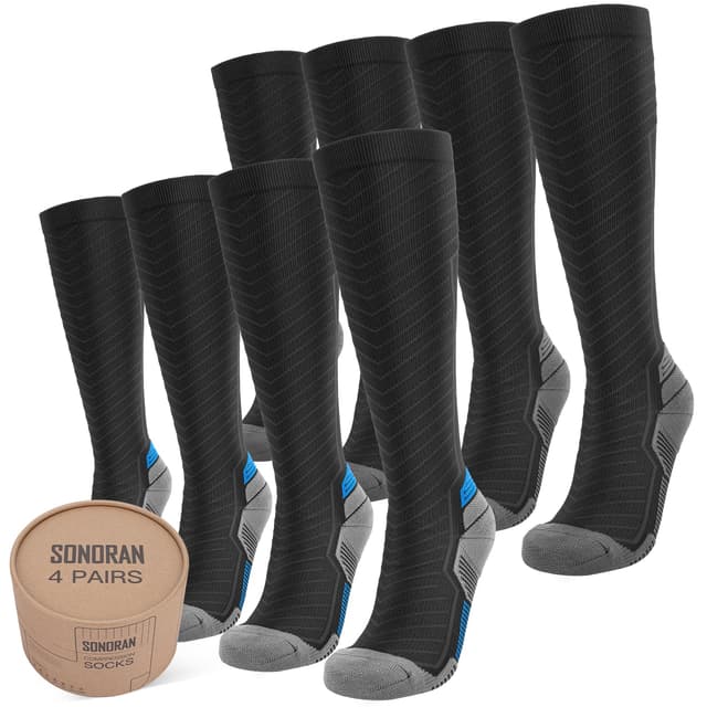 SONORAN 4 Pairs Kompressionsstrümpfe Damen und Herren Klasse 2 Stützstrümpfe Kompressionssocken Compression Socks Kompression für Running, Reisen, Sport XXL （Schwarz Grau&Blau） 44-47 B11-Schwarz mit Schiefergrau & Schwarz mit Ägyptischblau (4 Paar)