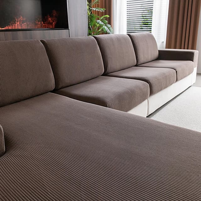 OHSIO Stretch Sofa Sitzkissenbezug - Rutschfester Sofa Überzug, Waschbarer Sofabezug, Universeller Couch Überzug, Strapazierfähig & pflegeleicht(Braun, 3X Sitzbezüge S + 1x Chaiselongue-Bezug) Braun 3x Sitzbezüge S + 1x Chaiselongue-Bezug