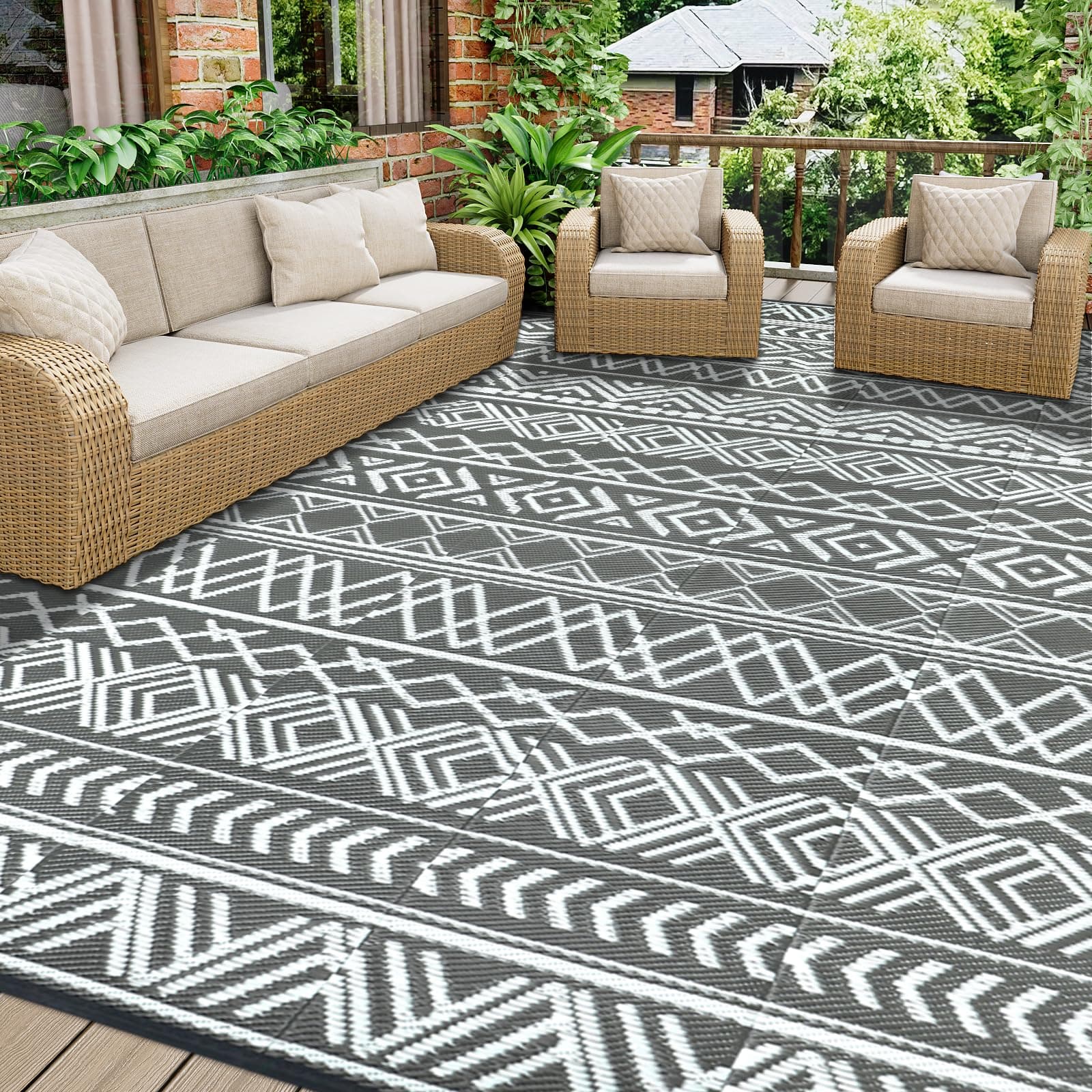 Homcomodar Patio Teppich 245x305cm Outdoor Teppiche für Patio Clearance Reversible Matte Kunststoff Stroh Teppich UV-beständige Camping Matte für Picknick Deck(Grau/Weiß) 245x305cm Grau/Weiß