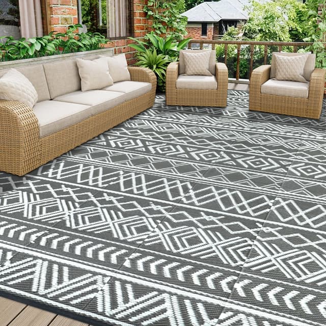 Homcomodar Patio Teppich 245x305cm Outdoor Teppiche für Patio Clearance Reversible Matte Kunststoff Stroh Teppich UV-beständige Camping Matte für Picknick Deck(Grau/Weiß) 245x305cm Grau/Weiß