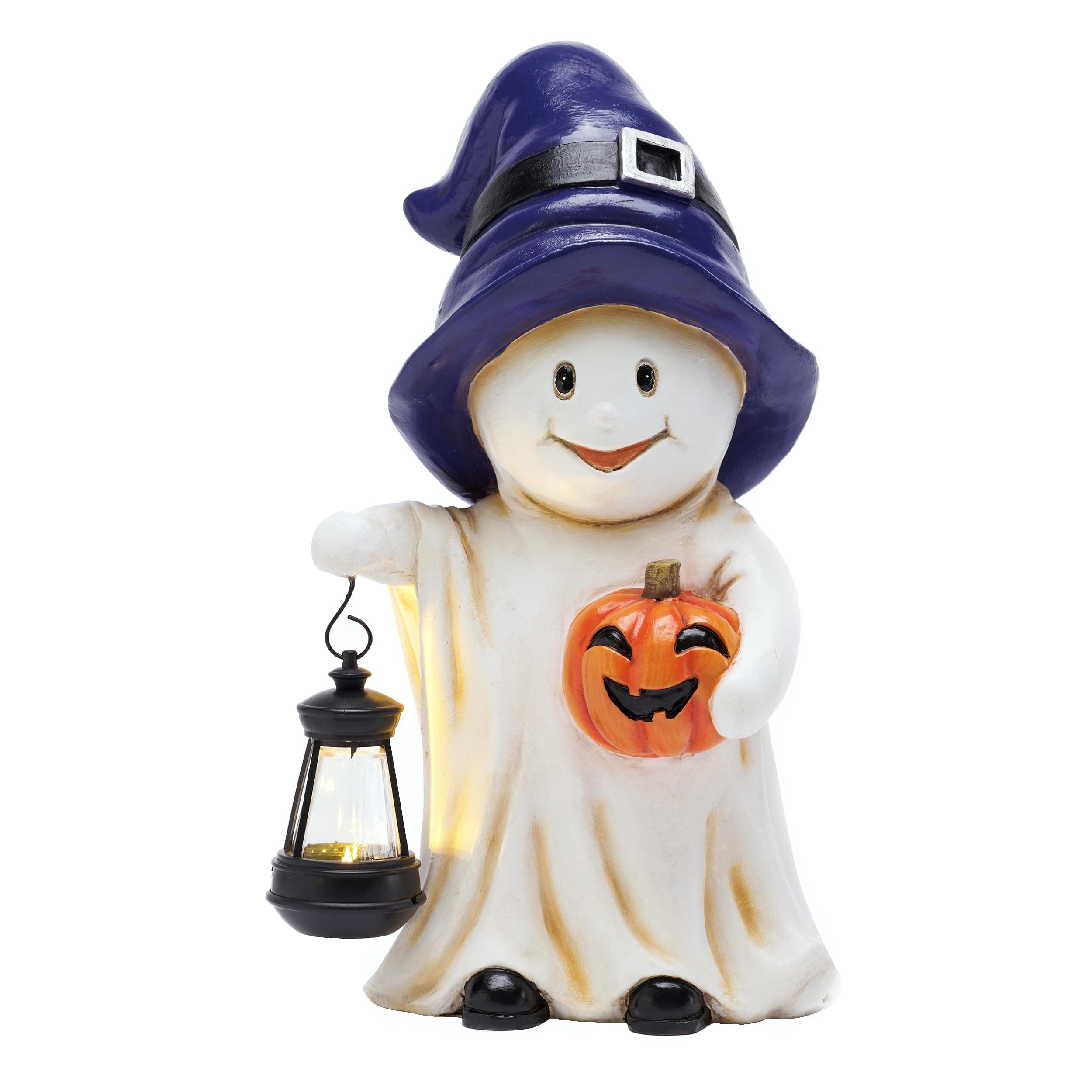 TERESA'S COLLECTIONS Gartendeko für Draußen, Hexengeist mit Solarleuchte, Wetterfeste Halloween Deko aus Kunstharz, Freundlicher Geist mit Kürbis, Halloween Dekoration Outdoor Solar Gartenfigur 27cm