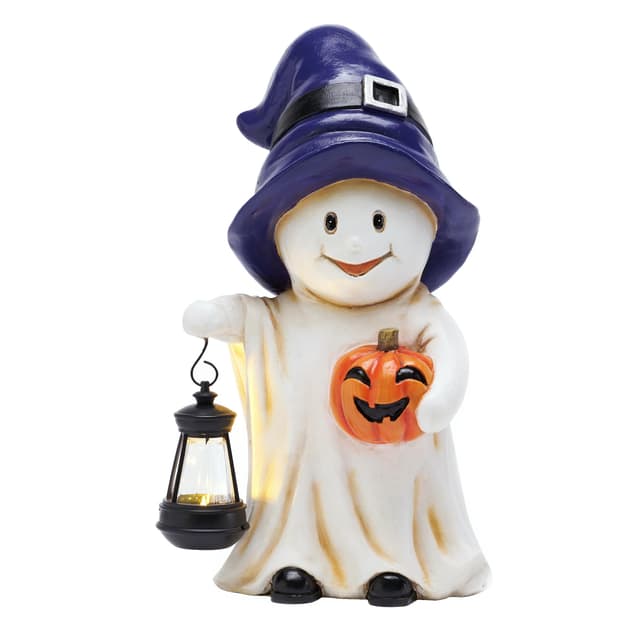TERESA'S COLLECTIONS Gartendeko für Draußen, Hexengeist mit Solarleuchte, Wetterfeste Halloween Deko aus Kunstharz, Freundlicher Geist mit Kürbis, Halloween Dekoration Outdoor Solar Gartenfigur 27cm