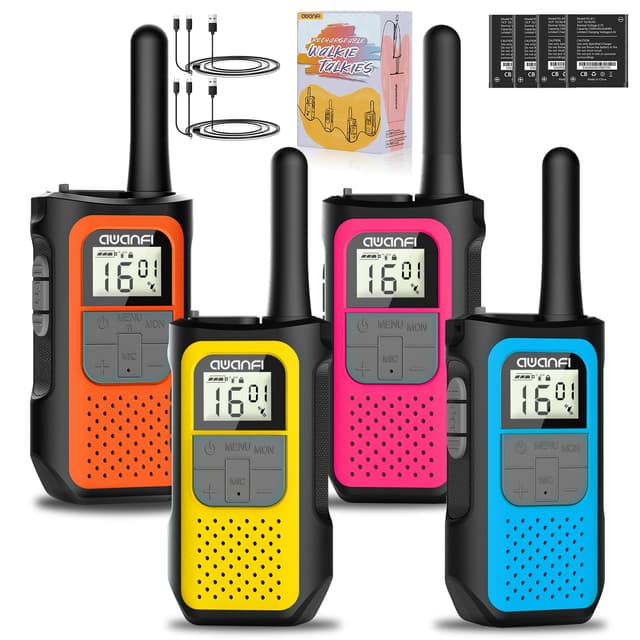 AWANFI Walkie Talkie 4er Set, Walkie Talkie Aufladbar für Erwachsene Kinder, 16 Kanäle Funkgeräte Set mit 1200mAh Li-ion Akku VOX, Walky Talky für Camping Wandern Geschenk Orange+Gelb+Rosa+Blau
