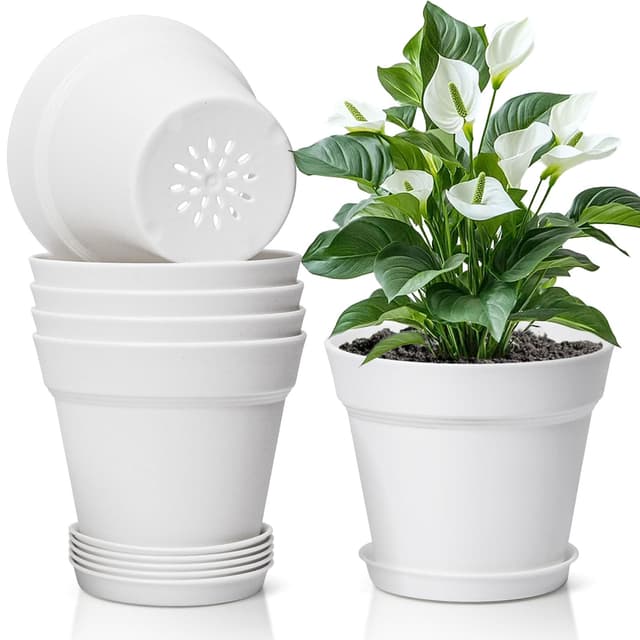 T4U 19cm Kunststoff Blumentopf mit Untersetzer, 6er-Set Plastik Übertopf Kräutertopf mit Mehrere Ablauflöchern, Rund Pflanzkübel für Innen und Balkon Sukkulenten Kaktus, Weiß Weiß Φ19cm
