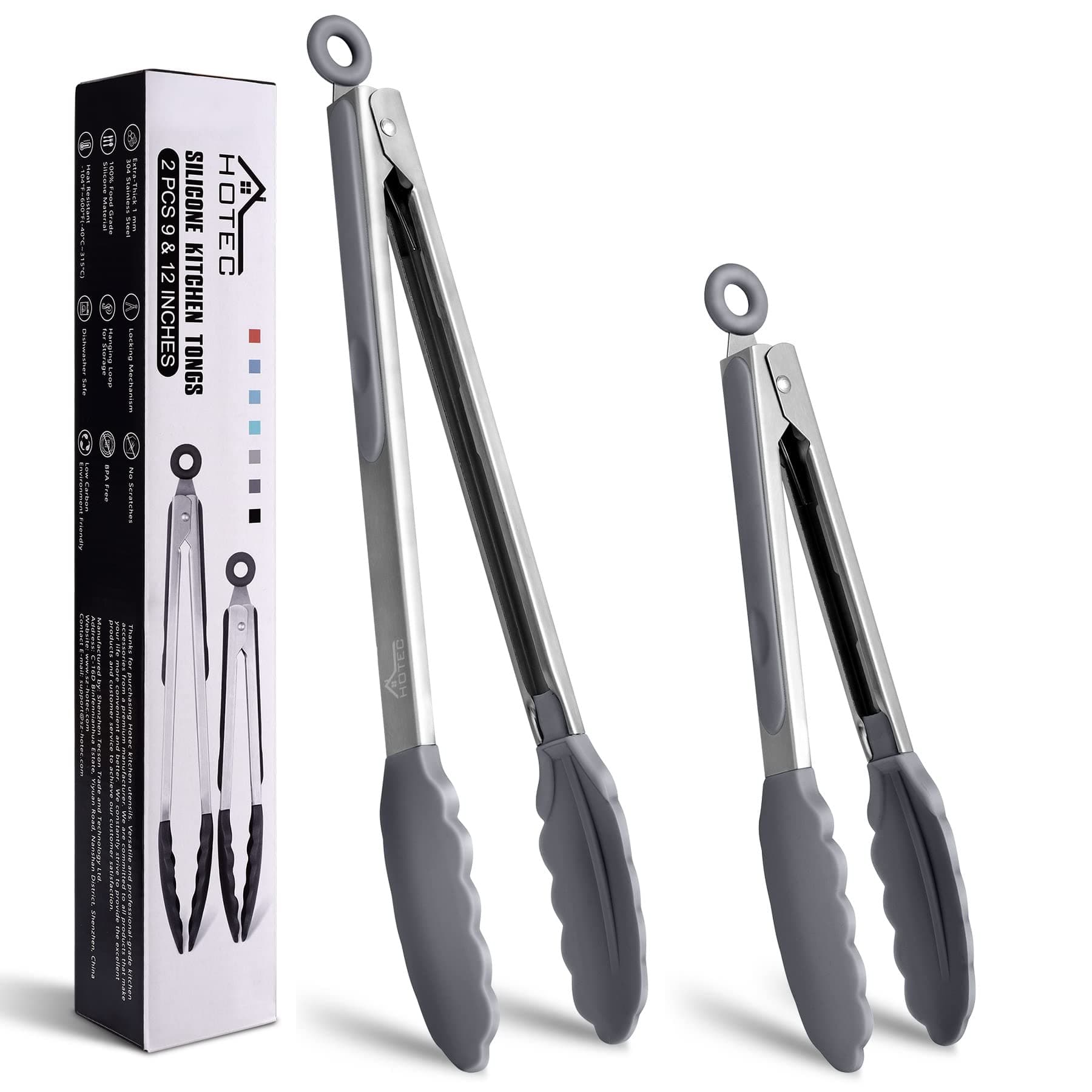 HOTEC Premium-Küchenzange aus Edelstahl, mit Verriegelung, Kochzange mit Silikonspitze, 2er-Set, 22,9 cm und 30,5 cm lange Zangen, Hellgrau