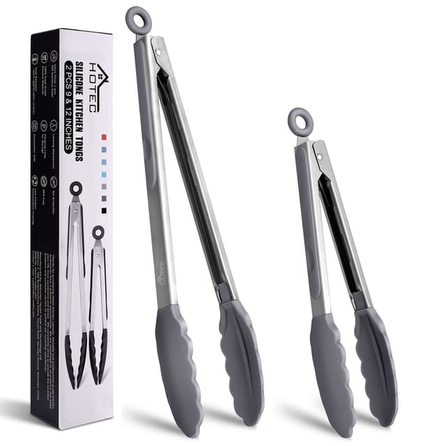 HOTEC Premium-Küchenzange aus Edelstahl, mit Verriegelung, Kochzange mit Silikonspitze, 2er-Set, 22,9 cm und 30,5 cm lange Zangen, Hellgrau