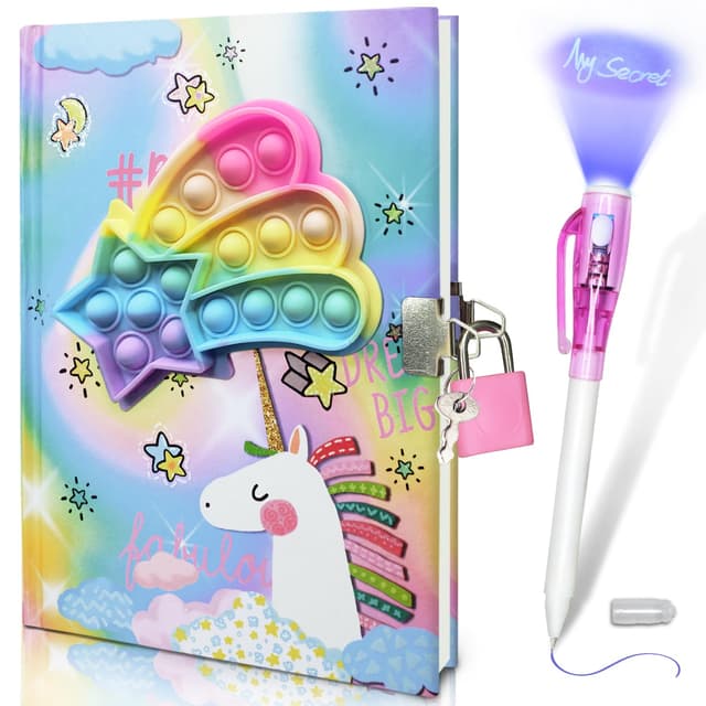 Pop Tagebuch Mädchen mit Schloss und Unsichtbarem Doppelendstift, 19 x 13,5 cm, 80 linierte Blätter Einhorn Pop Fidget Tagebuch Kinder Geheimes Notizbuch Stifte-Set Geschenke für Mädchen und Jungen