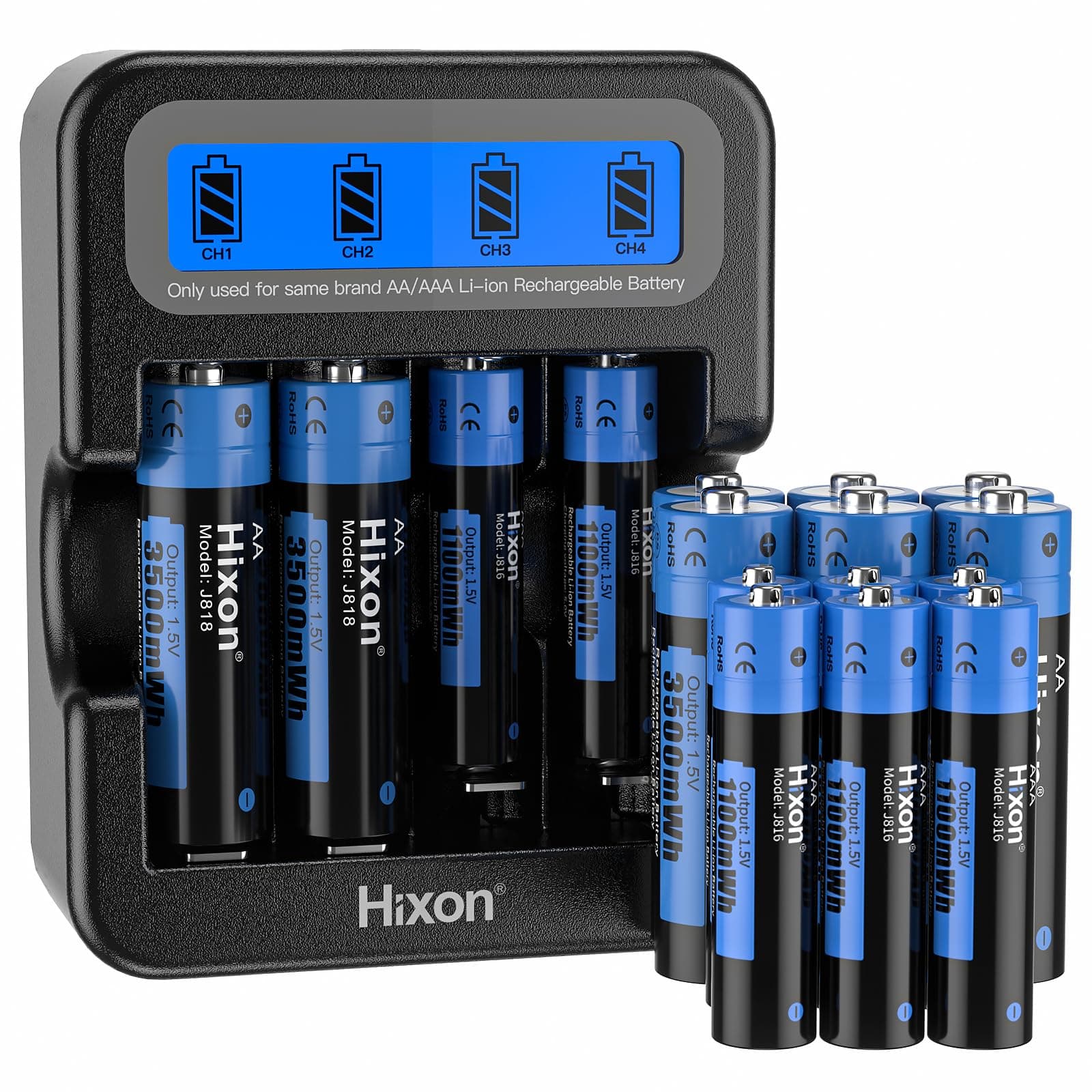 Hixon 1,5V Lithium Akku Set, 8 Stücke Wiederaufladbare 3500mWh 1,5V AA Akku Lithium und 8 Stücke 1100mWh 1,5V Lithium AAA Akku mit Intelligentem LCD-Display-Ladegerät 8*AA+8*AAA+Ladegerät