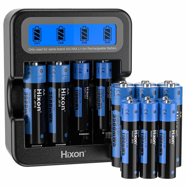 Hixon 1,5V Lithium Akku Set, 8 Stücke Wiederaufladbare 3500mWh 1,5V AA Akku Lithium und 8 Stücke 1100mWh 1,5V Lithium AAA Akku mit Intelligentem LCD-Display-Ladegerät 8*AA+8*AAA+Ladegerät