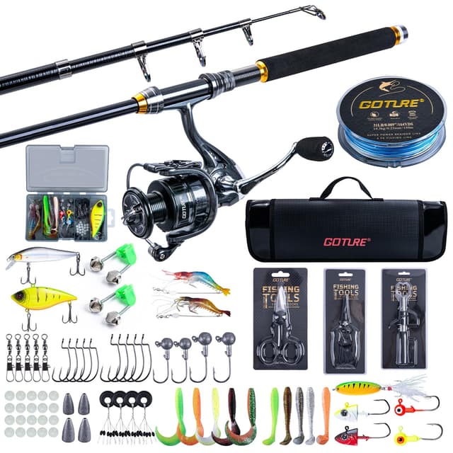 Goture Angelset mit Teleskop-Angelruten (24T Carbon),1,8m/2,1m/2,4m/2,7m I Angelrute Set Komplett 5.2:1 Spinnrolle, 150m/14kg Schnur, Köderbox & Tragetasche – für Salz-/Süßwasser, Reisen–Angelgeschenk Rute: Silberschwarz + Rolle: Dunkelgrau 2,1M
