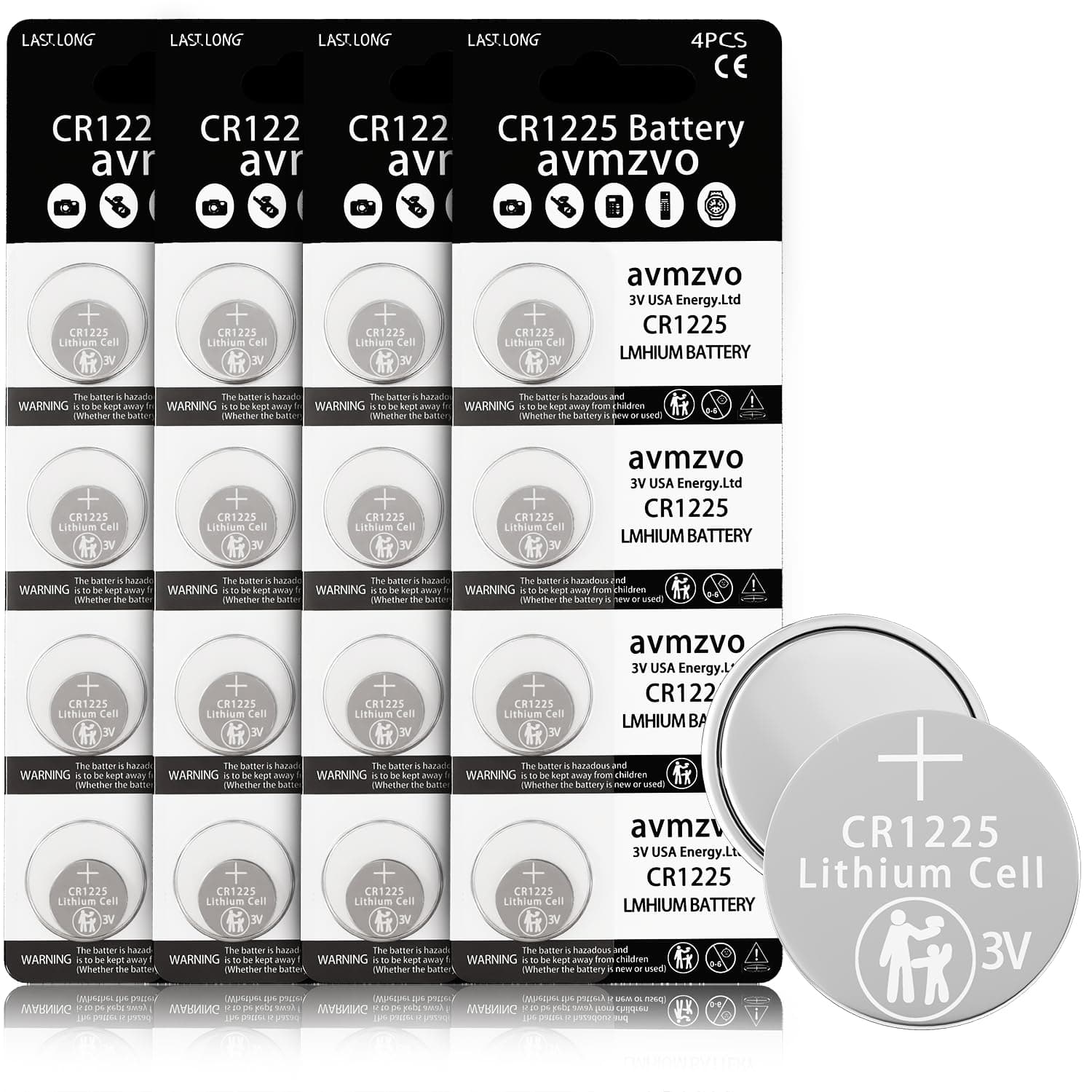 avmzvo CR1225 3V Lithium Knopfzellen CR 1225 Batterien 16 Stück【3 Jahre Garantie】 CR1225-4-16