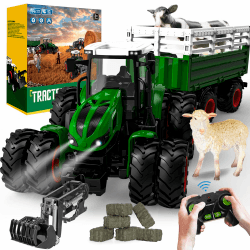 PENGBU RC Traktor Spielzeug ab 3 Jahre, 2.4 GHz Ferngesteuerter Traktor Ferngesteuert mit anhänger, RC Trecker Spielzeug mit Fernbedienung, Kuh und Schaf, Geschenk 2 3 4 6 Jahre Grün1