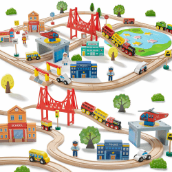 Tiny Land Eisenbahn-Set, 110-teiliges Holzeisenbahn-Set, Spielzeugeisenbahn für Jungen und Mädchen mit Holzeisenbahnschienen, Holzspielzeug für Kleinkinder und Kinder im Alter von 3–7 Jahren, Eisenbah 110-teiliges Zug-Set