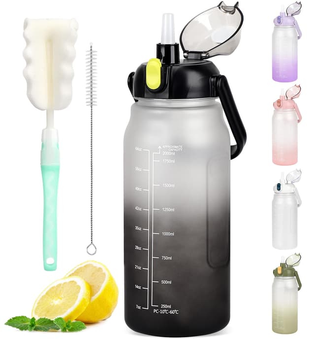 GXCROR Trinkflasche 2L,Trinkflasche mit Strohhalm,Auslaufsicher,Spülmaschinenfest,mit Zeitmarkierung,2 Liter Trinkflasche,Sport Fitnessstudio Wasserflasche Schwarz