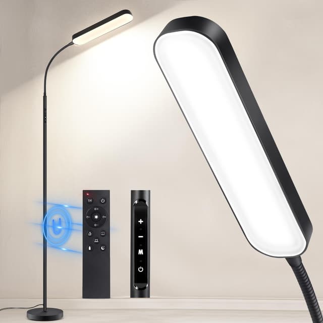 OUTON Stehlampe LED Dimmbar 15W 1500LM, Leselampe mit 4 Farbtemperatur, Fernbedienung und Touch Steuerung, 1H Timer, Leseaufgabe Beleuchtung für Wohnzimmer Schlafzimmer Büro, Schwarz