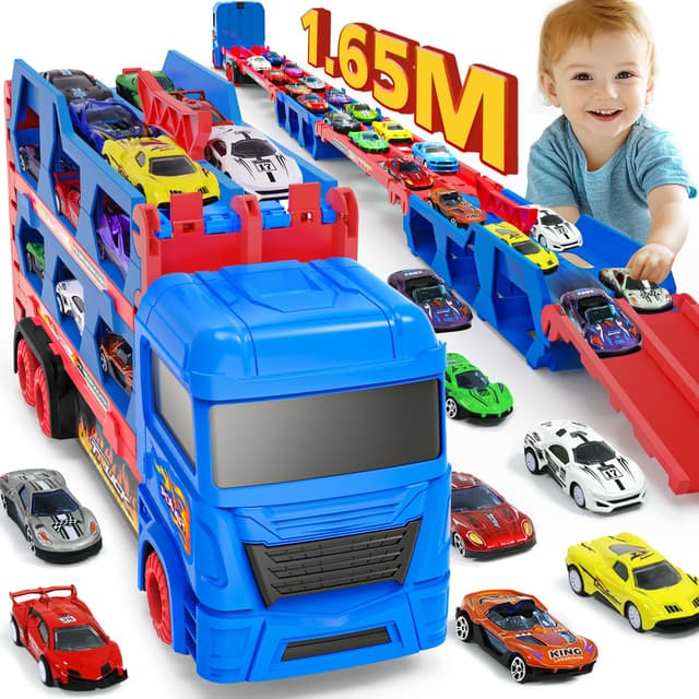 maysida Transport Truck Spielzeugautos für Jungen 3, 4, 5, 6 Jahren, 165cm&Faltbare Rennbahn Truck mit 10 Autos Spielzeug-4 Rückziehautos&6 Rennautos, Transporter Spielzeug-Kinder Geschenke für jungen Blau