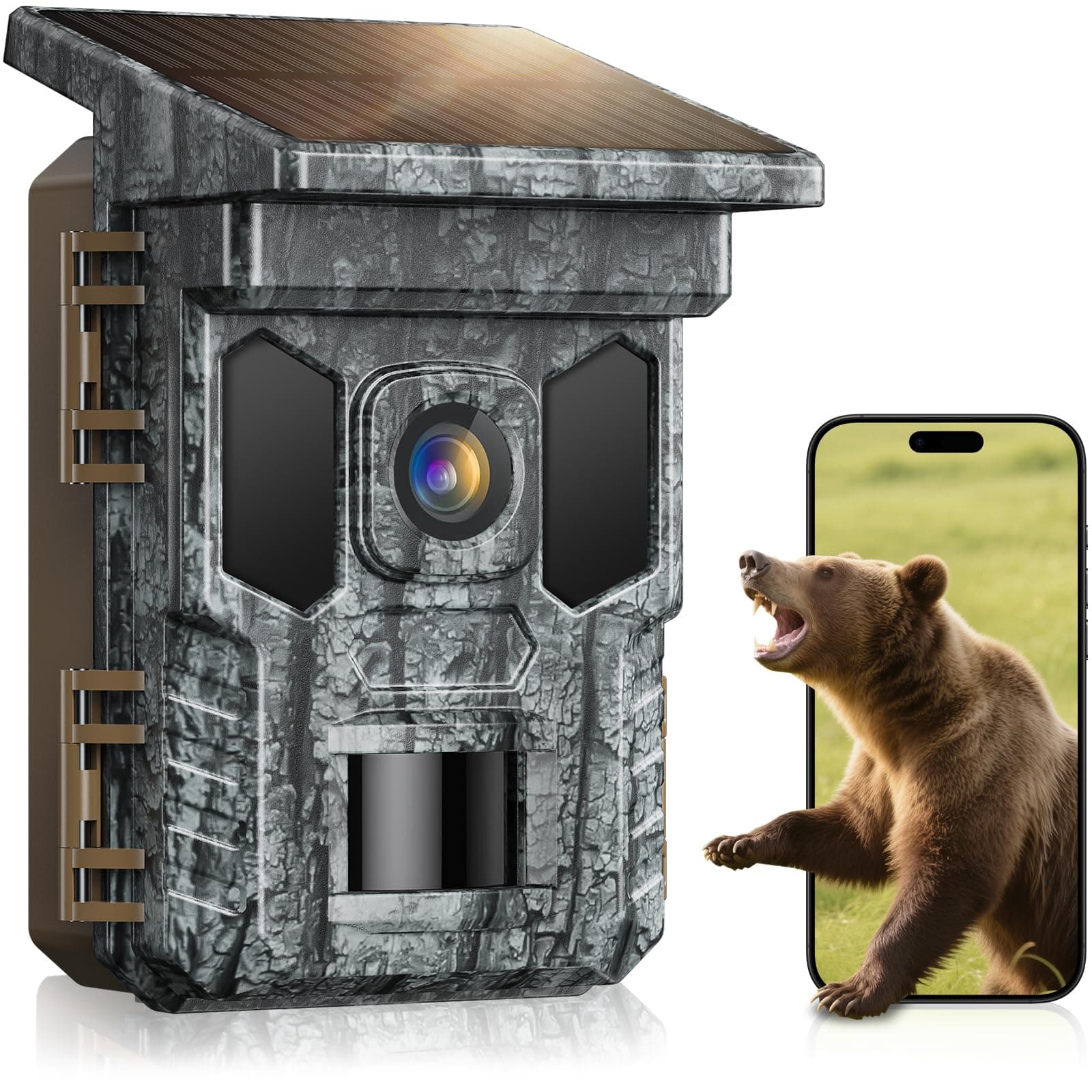 VIDVIS Wildkamera mit Handyübertragung App-4K 64MP WLAN Wildtierkamera mit Bewegungsmelder Nachtsicht, 32GB SD Karte, Solar Eingebaute Lithiumbatterie mit 850nm Infrarot-LEDs IP66 Wasserdicht Tarnung