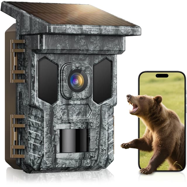 VIDVIS Wildkamera mit Handyübertragung App-4K 64MP WLAN Wildtierkamera mit Bewegungsmelder Nachtsicht, 32GB SD Karte, Solar Eingebaute Lithiumbatterie mit 850nm Infrarot-LEDs IP66 Wasserdicht Tarnung