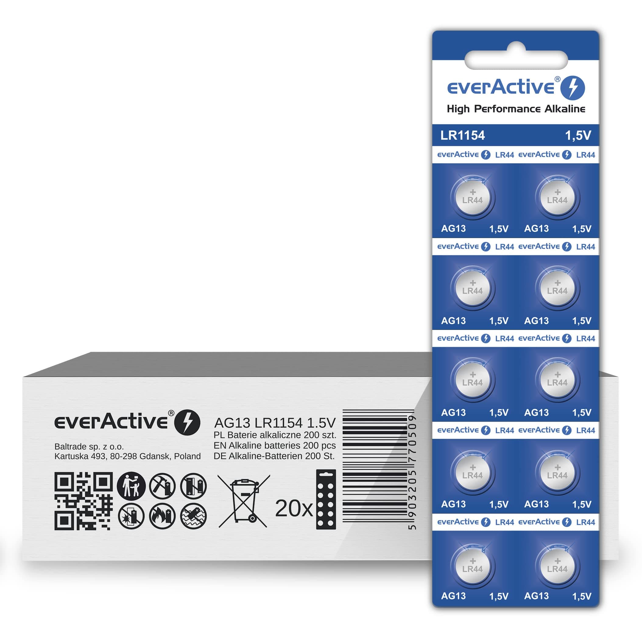 everActive AG13 1.5V, 200 Stück Batterien, Alkaline, Mini, G13 LR1154 LR44, 4 Jahre Haltbarkeit, 200 Stück – 20 Blisterkarten AG13 20 Blister/200 Stück